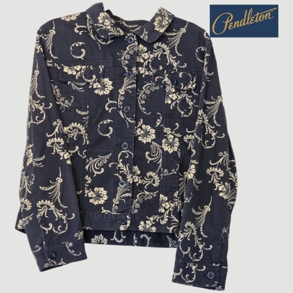 PENDLETON Women’s Navy Floral Classic Long Sleeve Denim Jean Jacket Size